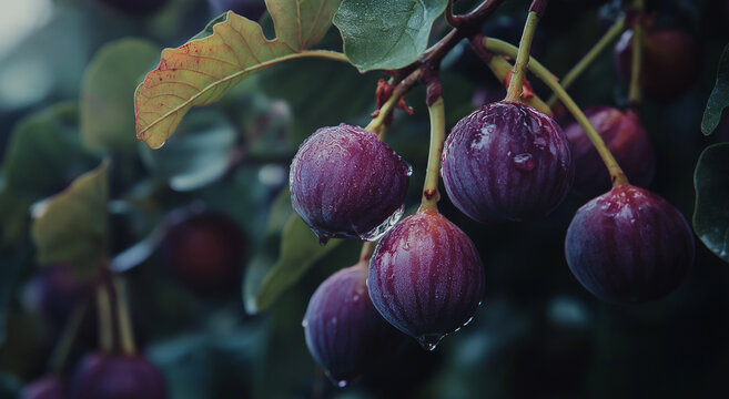 Um cacho de figos roxos pendurados em um galho de &aacute;rvore, cobertos de umidade,