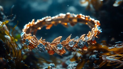 Underwater Treasure Golden Crown With Jewels And Seaweed Photo Background
