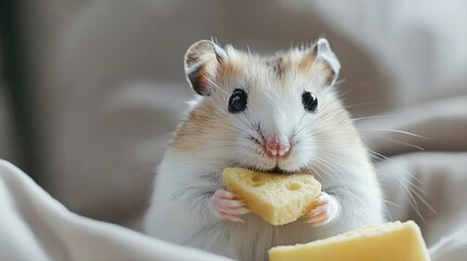 Cute hamster enjoying a slice of cheese in soft setting