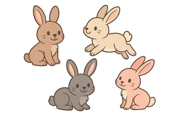 A collection of four cartoon rabbits in various colors and poses is set against a white background