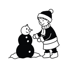 Silhouette of Child Building Snowman on Winter Day