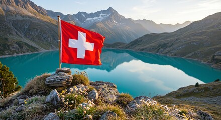 Swiss flag waving above a serene mountain lake, surrounded by lush greenery and majestic peaks, showcasing the beauty of the Swiss landscape during golden hour