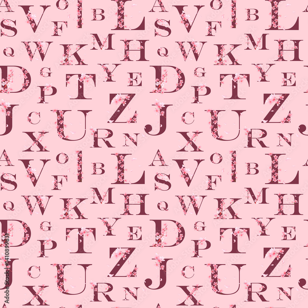 Fototapete seamless pattern of cherry blossom letters decorated with sakura flowers. alphabet in the form of an
