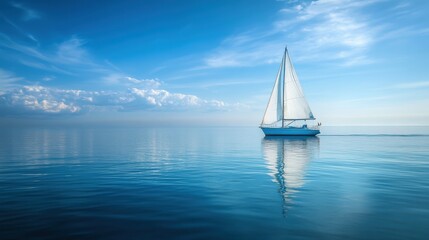 Obraz premium A serene sailboat gliding across a calm, reflective ocean under a vast, cloud-filled sky.