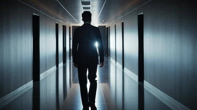 Silhouette of a man walking in dark corridor motion picture. Businessman in suit walking away in dramatic lighting, concept for leadership and goals footage.