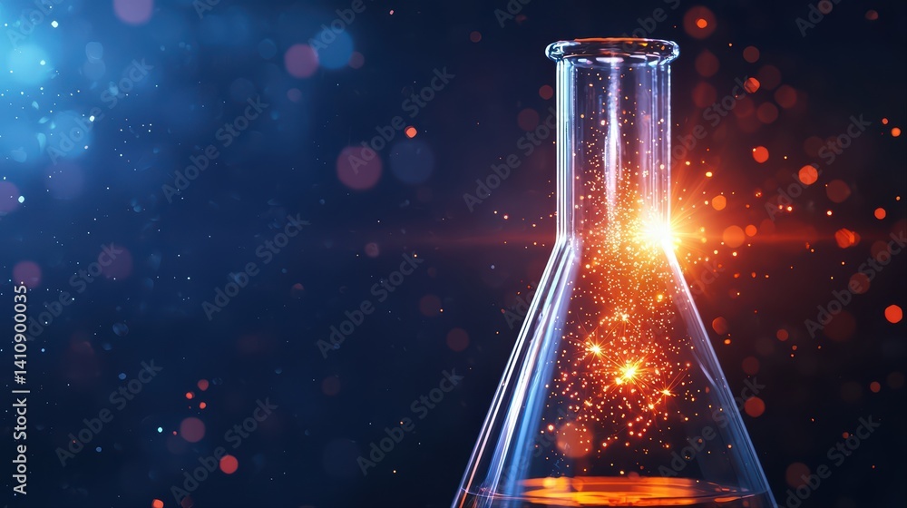 Poster laboratory flask with colorful light and sparkling effects