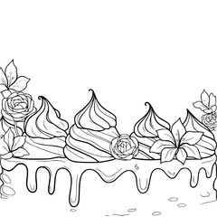 Black & White Floral Cake Illustration, Coloring Page Style