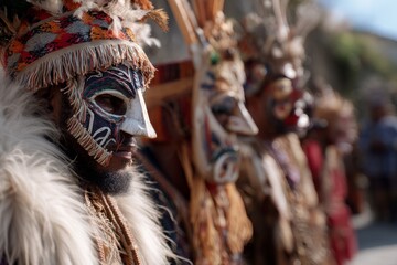 A man in a vibrant, intricate mask, part of a cultural display or ritual.