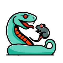 Illustration of vector design of a snake prey on a rat, snake icon, snake logo, very good as a sticker, with a plain background.