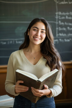 A smiling young woman holding a large book in front of a chalkboard. The academic setting suggests a focus on education and knowledge, creating a positive and studious image.