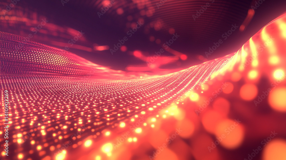 Poster abstract flowing waves of vibrant orange and red light particles creating a sense of movement and de