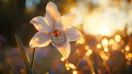 Delicate orchid flower bathed in golden sunset light.