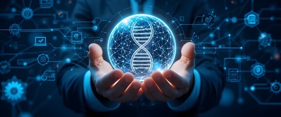 Biotechnology. Hand man holding of global biotechnology network connection, genetic engineering and DNA sequencing technologies, bioinformatics tools for data analysis, synthetic biology applications.