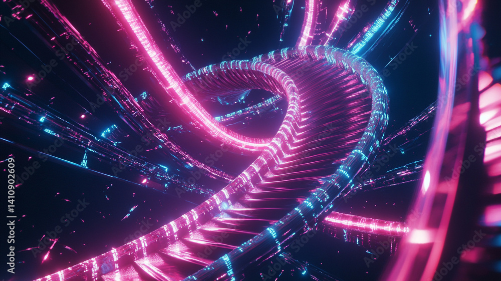 Poster abstract digital tunnel with neon colors and futuristic design for high-tech backgrounds and visuals
