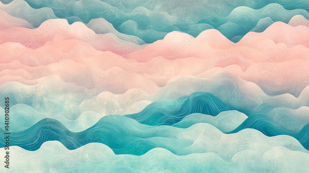 Poster abstract wavy patterns in soft pastel tones creating a serene and calming background for modern desi