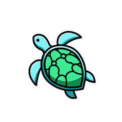 Illustration of vector design of a turtle from the top slightly sideways, the turtle icon, the turtle logo, is very good as a sticker, with a plain background.