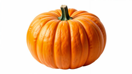 A perfect autumn pumpkin, ripe and ready for carving or pie-making, boasting a vibrant orange hue against a stark white background.