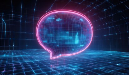 Glowing digital speech bubble in futuristic grid