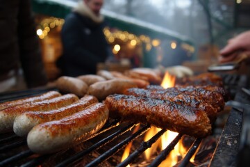 Close-up of sizzling sausages grilling over a blazing fire, perfect for a festive outdoor barbecue.