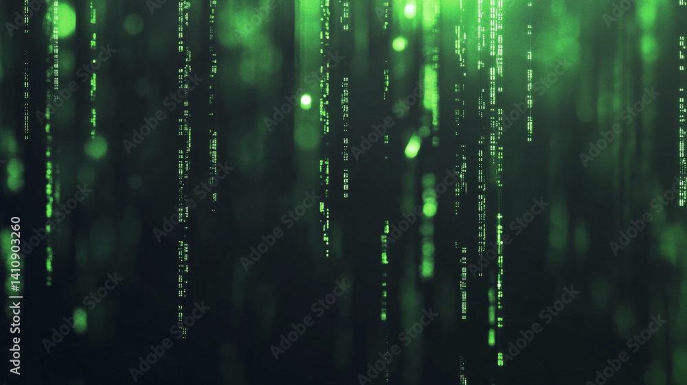 Fototapete futuristic green digital rain background with glowing binary code elements in vertical flowing patte