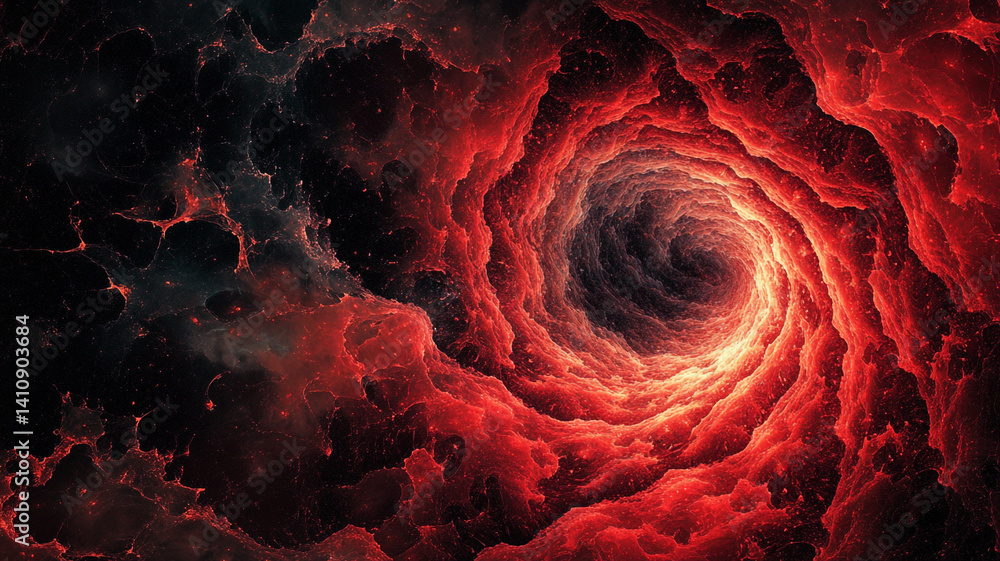 Poster swirling red and black cosmic vortex artwork depicting astronomical phenomena and celestial dynamics