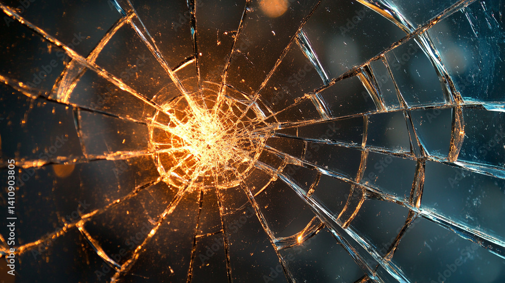 Poster intricate pattern of shattered glass with glowing light in the center creating a dramatic and artist