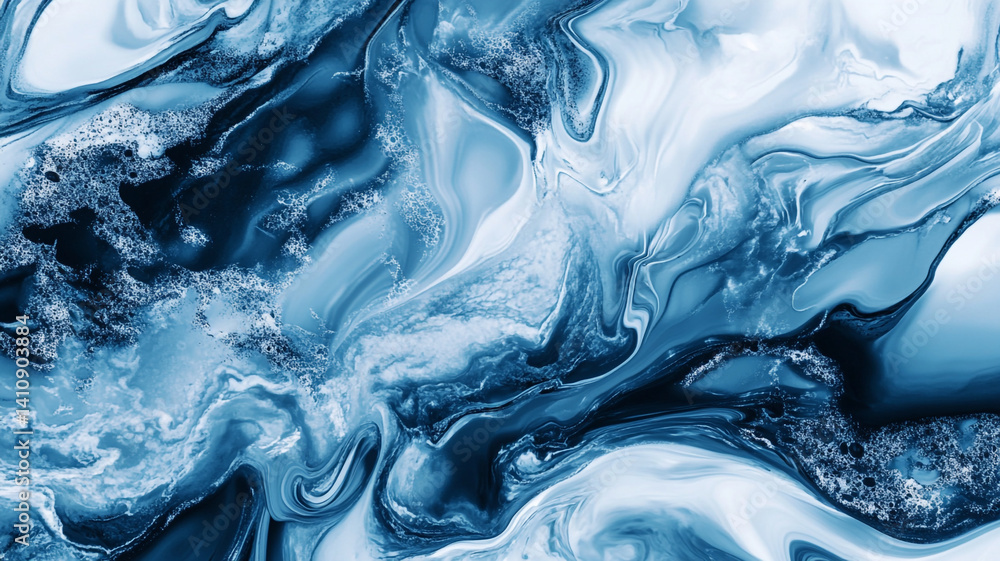 Poster ethereal blue abstract swirls and waves in fluid art style, captivating ocean-inspired patterns crea