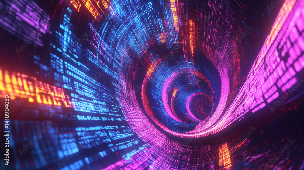 Fototapete Vibrant Abstract Tunnel of Light and Colorful Digital Data Flowing in a Cyberspace Environment