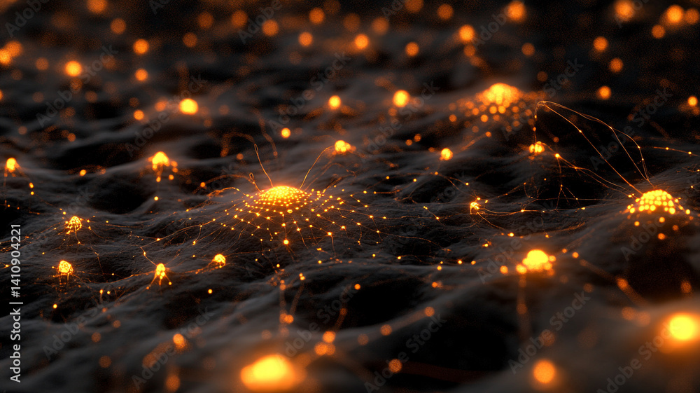 Poster abstract glowing network of interconnected nodes with luminous connections set against a dark textur