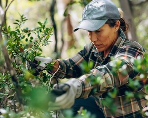 Naklejka premium Farmer planting hedgerows to protect crops promote wildlife habitats and improve farm resilience against extreme weather