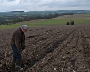 Farmer planting hedgerows to protect crops promote wildlife habitats and improve farm resilience against extreme weather