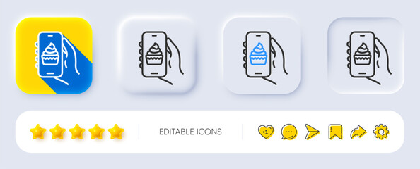 Food app line icon. Neumorphic, Flat shadow, 3d buttons. Hand hold phone sign. Cellphone with screen notification symbol. Line food app icon. Social media icons. Vector