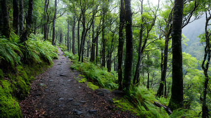 Obraz premium Forest Path Winding Through Lush Green Trees