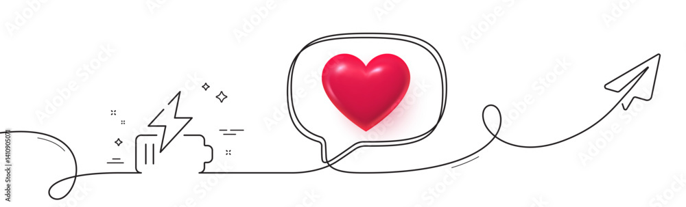 Poster battery line icon. continuous line with share plane. charge accumulator sign. electric power symbol.