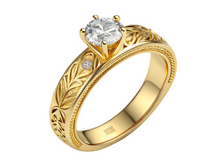 This exquisite wedding ring shines with a golden band that showcases detailed diamond engravings along its surface. The centerpiece is a brilliant diamond,  PNG   transparent