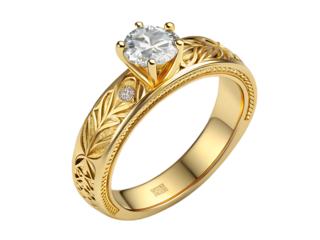 This exquisite wedding ring shines with a golden band that showcases detailed diamond engravings along its surface. The centerpiece is a brilliant diamond,  PNG   transparent