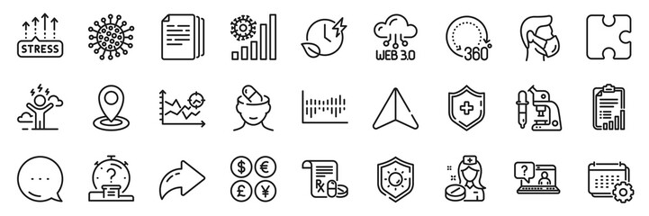 Medical shield, Faq and Location line icons pack. Share, Message, Paper plane icons. Nurse, Charging time, Depression treatment web icon. 360 degrees, Seo analysis, Sun protection pictogram. Vector