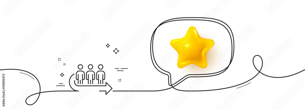 Poster queue line icon. continuous line with 3d star. people waiting sign. direction arrow symbol. 3d star 