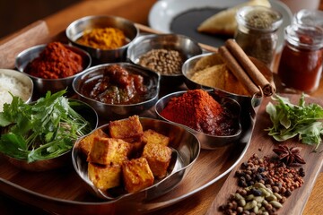 Fototapeta premium A captivating display of Indian spices and ingredients, showcasing culinary delights.