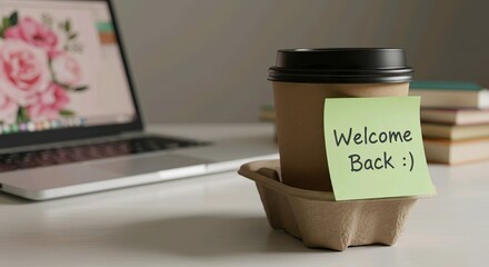 Laptop and coffee cup with welcome back note on a bright desk setup