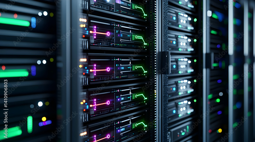 Poster close up of colorful server rack in data center