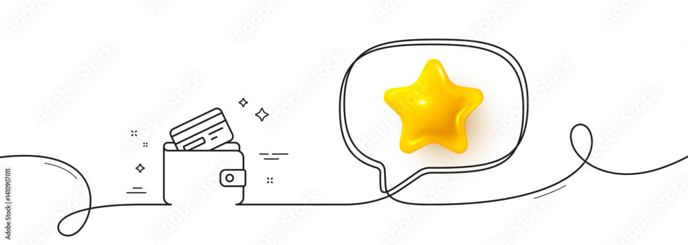 Poster wallet with credit card line icon. continuous line with 3d star. cash money sign. payment method sym