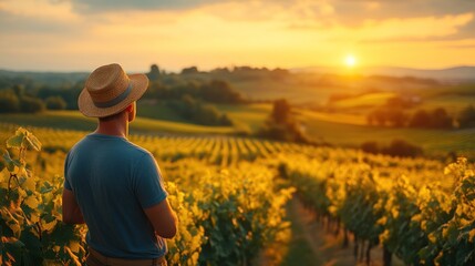 Fototapeta premium Farmer in Straw Hat Overlooking Sunset on Vineyard Field