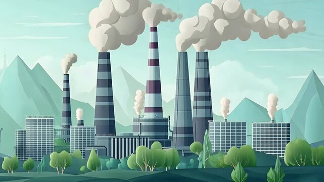 Pixelated Industrial Landscape Featuring Factories with Smoke Stacks and Mountains under a Cloudy Sky