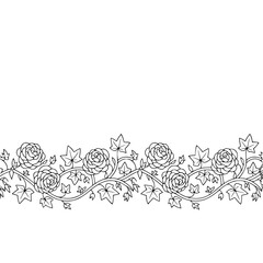 Elegant Floral Border: Black and White Rose and Ivy Line Art