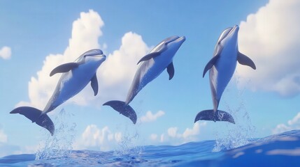 Fototapeta premium Three dolphins leaping through the air above ocean waters