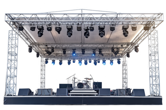 Open Air Concert Stage with Professional Lighting and Equipment Ready for Performance isolated on a transparent background