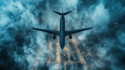 Jet plane soaring through clouds over city at night