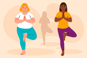 Women of different body types performing tree pose in yoga maintaining balance and focus