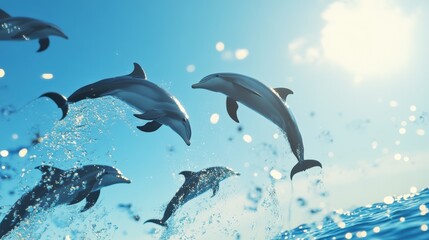 Fototapeta premium Several dolphins leap and play in blue water and sunlight